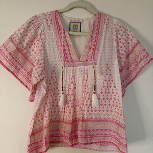 Alicia Bell Heart Print Short Sleeve Tassel Top Bohemian Chic Pink - Small